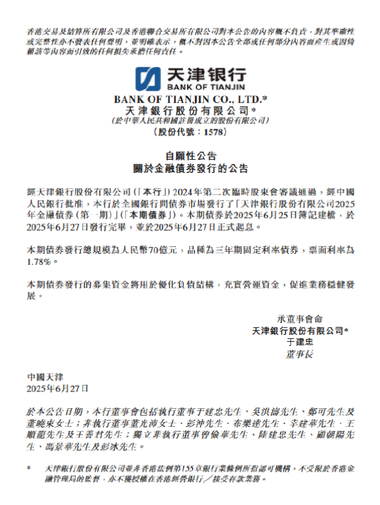 邦尼配资 天津银行：发行70亿元金融债券