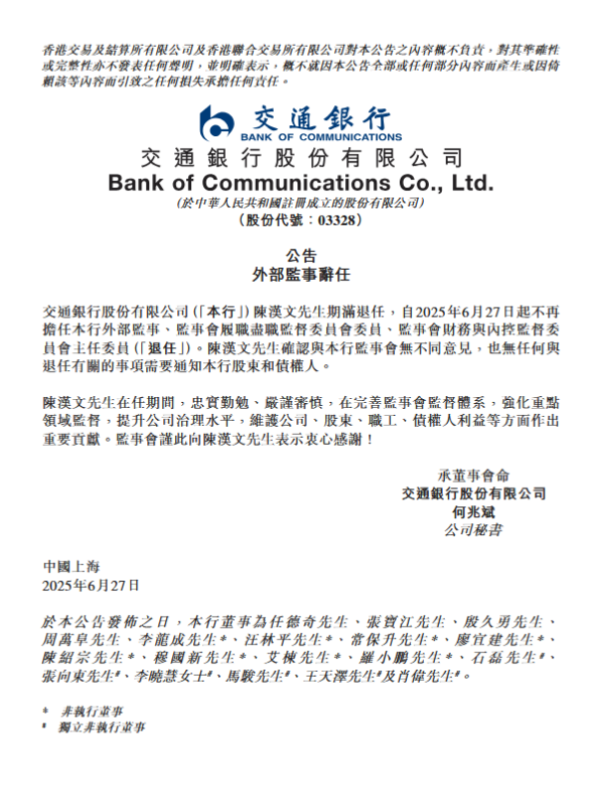 象泰配资 交通银行：陈汉文辞任外部监事